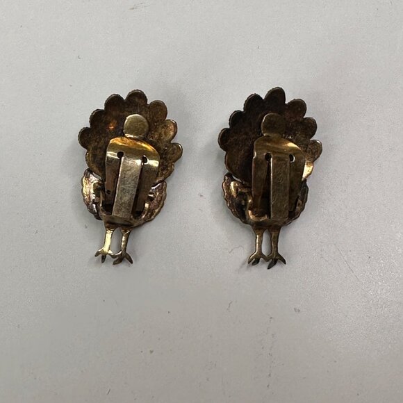 Vintage Peacock Brooch Pin & Earrings Set Sterling Siam Enamel Articulating - Picture 7 of 10